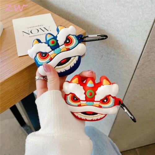 3d silicone cartoon Chinese lion dance wireless bluetooth headset case earpods cover for airpods 1 2 3 cases hook keyring