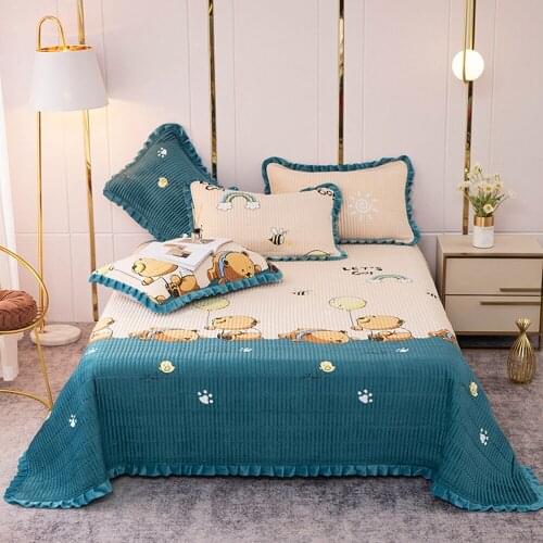 Cartoon Little Bear Crystal Velvet Bed Sheet Lace Thickened Winter Warm Flat Sheet Flannel Bed Linen Bedspread Home Decor