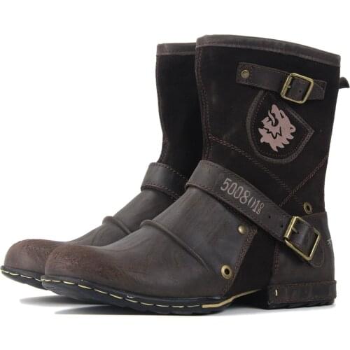 2020 spring autumn Western Boots Genuine Leather Mens Motorcycle Boots Ankle Boots Casual shoes 5008-1-H-D Dark Brown color