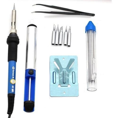60w Adjustable Temperature Soldering Iron Kit+5 Tips+Desoldering Pump+Soldering Iron Stand +Tweezers+ Solder Wire