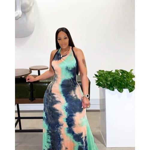 2021 New Summer Tie-dye Plus Size Dress Suspenders Hanging Neck Tie-dye Dress Fashion Casual Long Loose Dress Beach Casual Dress
