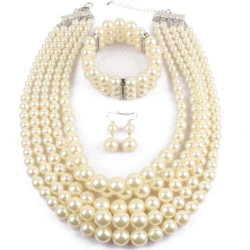 New Women Exaggerated Pearl Strand Necklaces Beaded 3pcs Bohemian Multilayer Crystal Pearl Necklace All Match Party