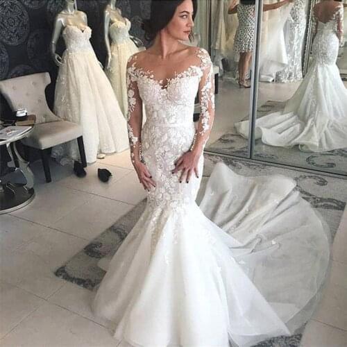 Sexy Gorgeous Mermaid Wedding Dresses Sheer Neck Long Sleeves Lace Appliques Court Train Wedding Dress Bridal Gowns Robe de mari