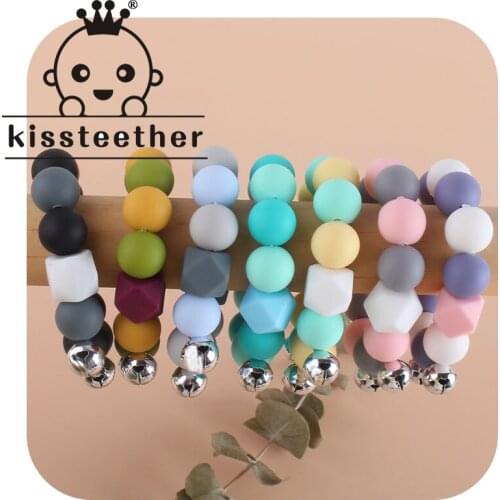Kissteether Silicone Teether Beads Baby Teething Ring Ball Ring Handmade Bracelet Bells Hand Catch Chews Baby Rattle Nurse Gift