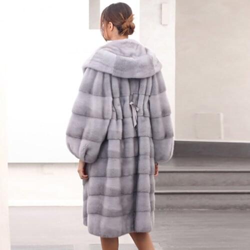 Light Grey Fashion Mink Fur Coat Real Women Winter Fashion 100cm Long Genuine Mink Fur Coats with Hood Luxury Fur Overcoat Woman