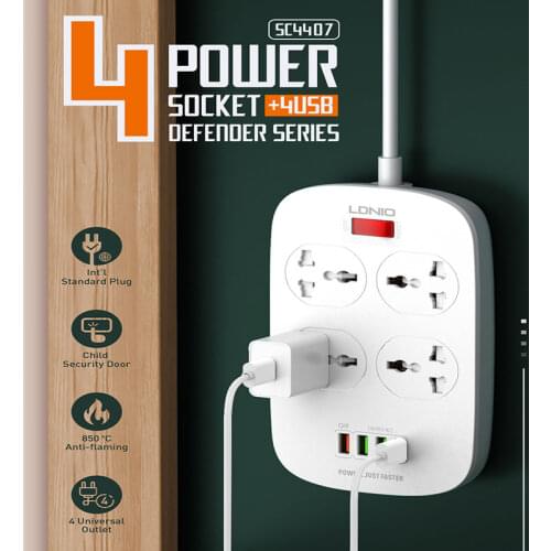 Smart Socket Universal AC Power Strip 4 USB Q3 Fast Charging Switch Electric 2M Extension Cable Overload Protection CE 2500W
