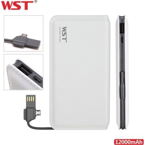 WST Original Power Bank 12000mAh External Portable Phone Battery With Built in Charging Cable LED Indicator Slim Bateria Externa