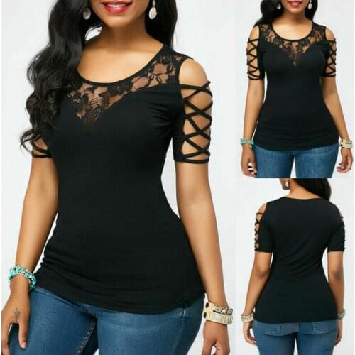 Women 2020 arrival Slim Fit Bandage Summer Lace Dew Shoulder Short Sleeve Casual Shirt Tops T-Shirt Outwear