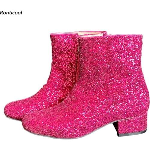 Ronticool Handmade Women Flat With Ankle Boots Block Heels Round Toe Gorgeous Fuchsia Party Dress Shoes Women Plus US Size 5-15