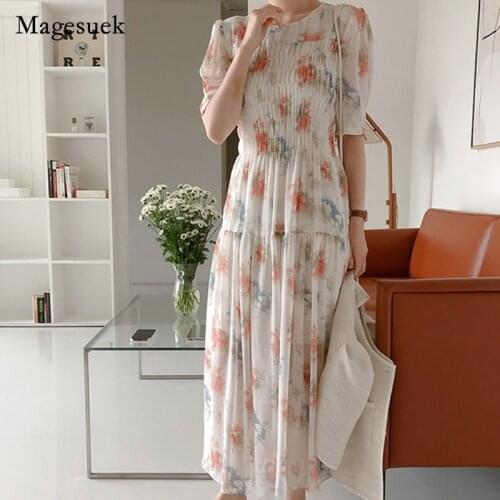 Print Vestido Sweet Elegant White Short Sleeve Dress Women Chiffon Dress Elastic Waist Puff Sleeve Purple Dress for Women 15208