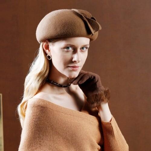 100% Wool Felt Berets Women Autumn And Winter Party Gauze Flower Formal Hat Banquet Grace Woolen Hats