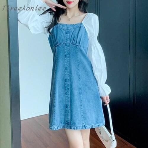 2021 Summer Fashion New Chiffon Long Sleeve Patchwork Denim Temperament Dress Thin Square Collar Puff Sleeve Mini Dress