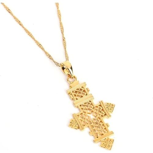 24K Gold Color Trendy Cross Pendant Necklace Ethiopian Women Jewelry Gifts