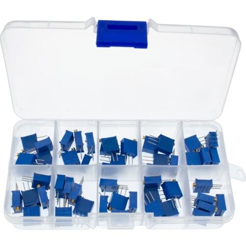 50pcs/lot 3296W series 500R 1K 2K 5K 10K 20K 50K 100K 200K 1M multi-turn potentiometer 10K Variable resistors With box set