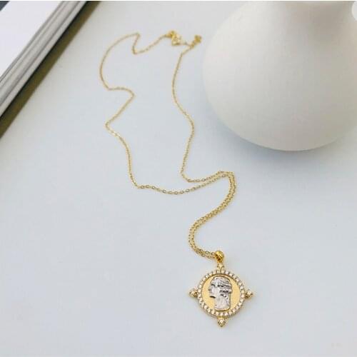 Amaiyllis s925 Sterling Silver CZ Cirzon Portrait Coin Necklace Pendant Gold Long Clavicle Necklace For Women Silver 925 Jewelry