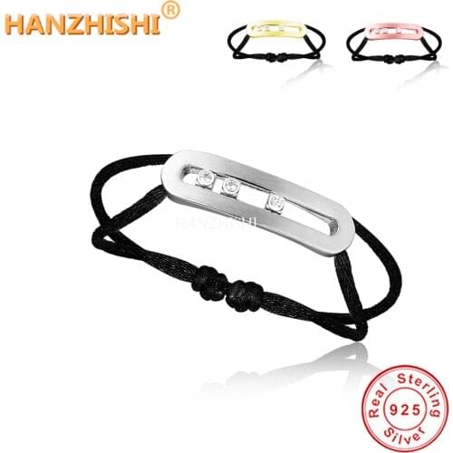 Authentic 925 Sterling Silver Black Orange Rope Adjustable Move Stone Bracelets for Couple Fashion Jewelry Making Accessories