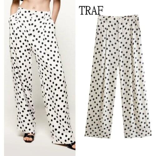 Za Polka Dot Woman Pants 2021 Y2k High Waisted Trousers Suits Women Autumn Chic Loose Pocket Woman Straight Pants Streetwear
