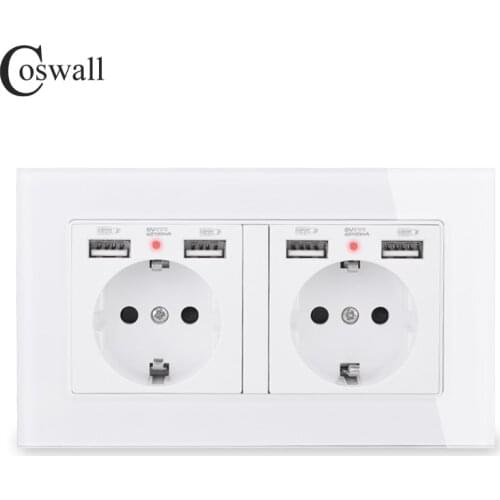 COSWALL Brand 2 Gang Russia Spain EU Standard Wall Socket With 4 USB Charge Port Hidden Soft LED Indicator Crystal Glass Panel