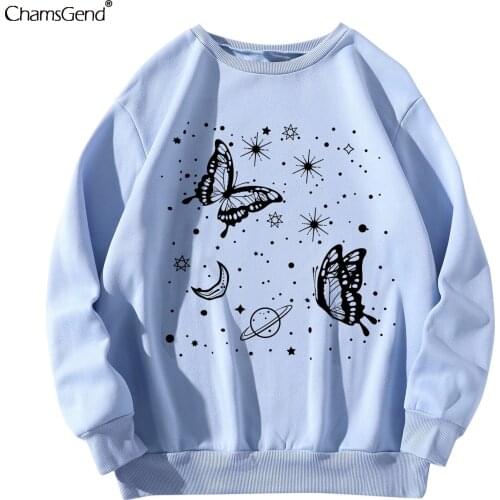 Harajuku Starry Sky Butterfly Printing Joker Trend Pullover Sweatshirt Blue Lovers Kawaii Women Casual Long Sleeve Hoodies Tops