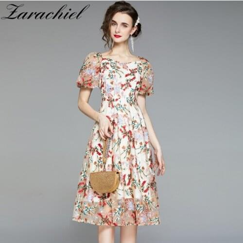 Elegant Multicolor Flower Embroidered Overlay Women Mesh Dress 2021 Summer Puff Sleeve V Neck Backless Sexy Slim Party Vestidos