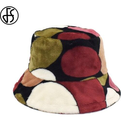 FS 2021 Fashion Lambswool Fisherman Hat Autumn Winter Geometric Color Matching Plush Warm Windproof Bucket Hats Hip Hop Caps Bob
