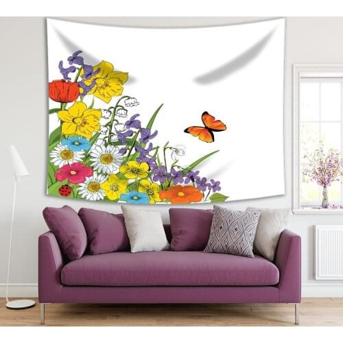 Tapestry Wildflowers Daisies Ladybug Butterfly Spring Meadow Nature Painting Green Yellow Orange Purple