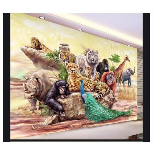 Customized 3d wallpaper 3d kids wallpaper Setting wall decoration hand-painted zoo animal world kids room decration