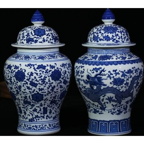 Chinese Style Antique Imposing Ceramic Ginger Jar Home Office Decor Blue and White Porcelain Vase
