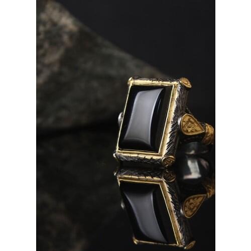 Black Zircon 925 Silver Engraved Traditional Handmade Turkish Signet Ring Jewelry Gift for Women Men