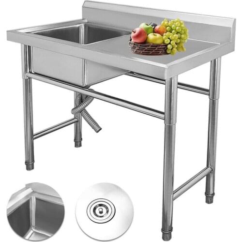 Single Bowl Kitchen Sink Stainless Steel Commercial Sink Vegetable Washing Basin Sink Kitchen Catering Prep Table w/ Drainboard