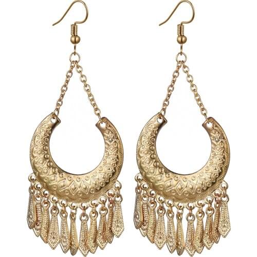 LosoDo Bohemian style personality exaggerated geometric tassel earrings Fashion simple and versatile long moon-shaped earrings