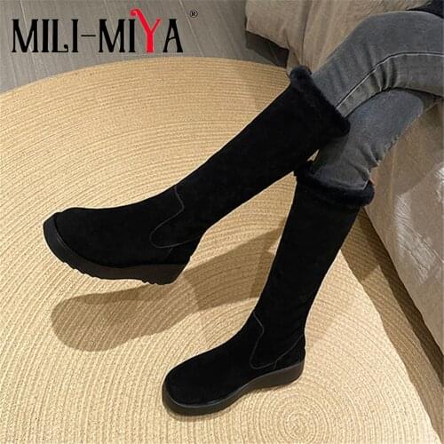 MILI-MIYA New Arrival Women Cow Suede Snow Boots Solid Color Slip-On Wedges Round Toe Warm Plush Lining Size 34-40 For Ladies