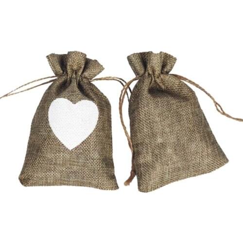 Heart-Shaped Favor Bag Trendy White Linen Drawstring Wedding Gifts Bags Jewelry Bags candy cookies Bags 10*15cm vintage Wh