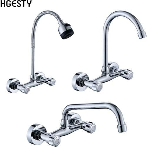 Double Handle Wall Mounted Kitchen Faucets Bras Dual Hole Bathroom Cold and Hot Sink Washbasin Water Mixer Tap Shower Faucet