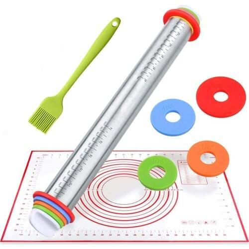 New Practical Baking Adjustable Stainless Steel Rolling Pin Adjustment Thickness Scale Flour Stick Dough Leather Kneading Set
