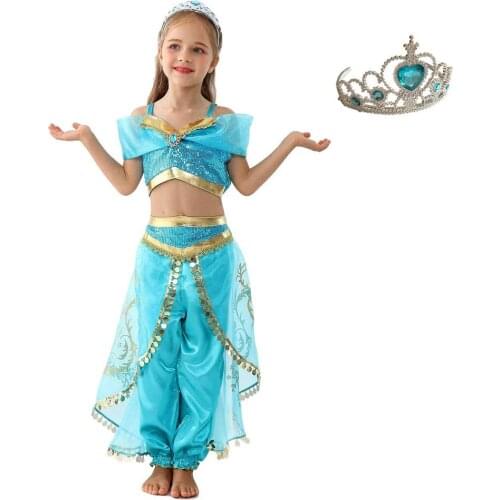 NEW Princess dress Halloween Party Girls Fancy Aladdin Dress Jasmine Cosplay Costume With Crown anime cosplay accessories