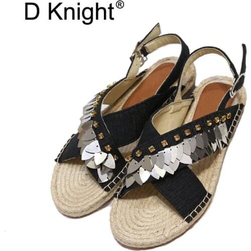 New Womens Casual Canvas Flat Sandals Fashion Hemp Insole Metal Bling Cross Strap Gladiator Sandals Big Size 35-40 Espadrilles