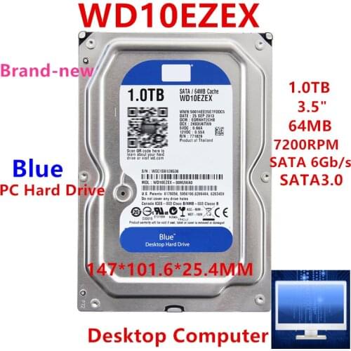 New HDD For WD Brand Blue 1TB 3.5" SATA 6 Gb/s 64MB 7200RPM For Internal Hard Disk For Desktop Hard Drive For WD10EZEX