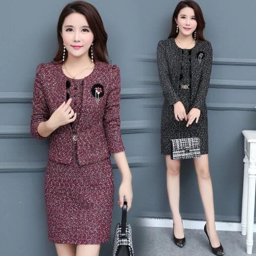 Two-piece dress 2018 spring and autumn and winter new long-sleeved fashion suit long section Slim large size womens suit