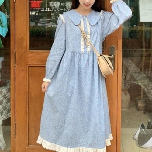 HOUZHOU Blue Floral Dress Women Long Sleeve Spring Autumn Dresses Kawaii Sweet Ruffles Robe Peter Pan Collar Streetwear