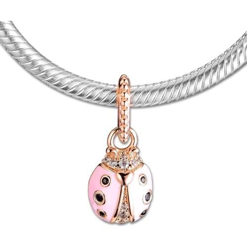 Fits Pandora Bracelet Rose Lucky Pink Ladybird Necklace Pendant Charm Genuine 925 Sterling Silver Beads for Jewelry Making