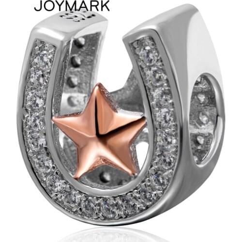 White Zircon Micro Pave Star U shaped Horseshoe 925 Sterling Silver European Charm Beads For DIY Beaded Bracelets SZPB228