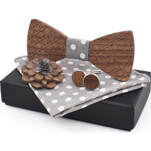 Dropshipping business fashion plaid bowtie cotton square scarf cufflinks party luxury wood bow tie set with brooch pin box
