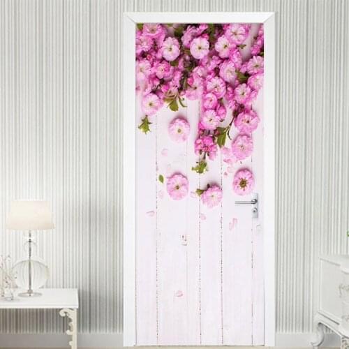 Modern Hand Painted Art Door Sticker 3D Pink Flowers Pastoral Style Mural Photo Wallpaper Living Room Wedding House PVC Stickers