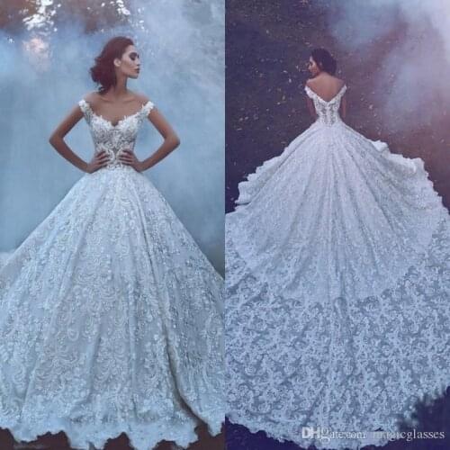 Cathedral Train Wedding Dresses 2020 Modern Luxury Arabic Lace Off Shoulder Backless Gorgeous Bridal Wedding Gowns plus size