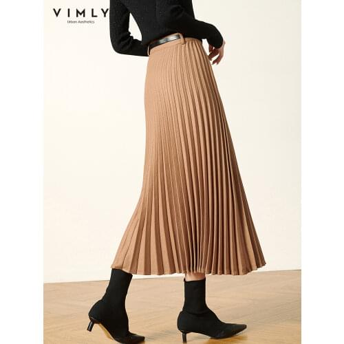 Vimly Winter Pleated Skirt For Women Fashion High Waist Solid A Line Ladies Skirts Elegant Mujer Faldas Autumn Bottoms F5009