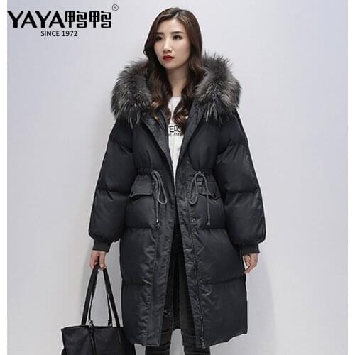 YAYA 2021 Womens Winter White Duck Down Jacket Real Fur Collar Waist Retraction Thicker Hooded Overcoat Windbreak Outerwear