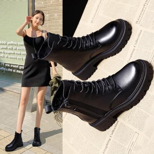 2021 Winter Fashion Womens Boots Lace Up Mid-Calf Round Head Women Boots Black Square-Heel Mid-Heel Pu Women Shoes Botas Mujer