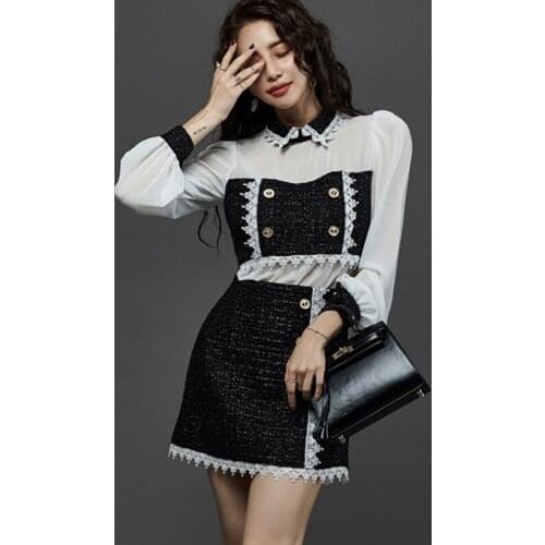 New arrival fashion spring two piece set women temperament personality patchwork long sleeve shirt and mini skirt two piece set
