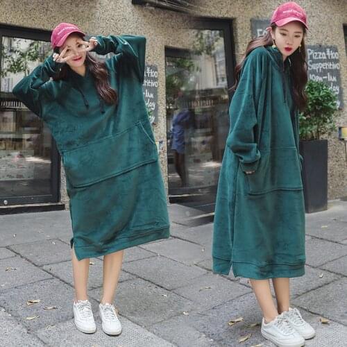 5XL Autumn Winter Women Gold velvet Dress Fleece Dress Girl Thickening Long Sleeve Hooded Long Sweatshirt Women Winter Dress